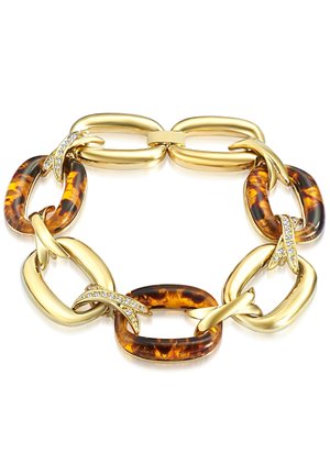 Pulsera de metal dorado con eslabones alargados, que presenta acentos de carey color ámbar y pequeñas decoraciones de strass.