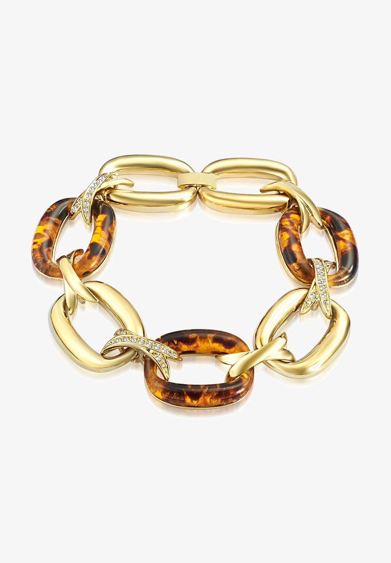 Kuldtooniline metallkäevõru, millel on piklikud lingid, mis on kaunistatud merevaiguvärvi kilpkonnakuju elementidega ja väikeste sädelevate kividest lisanditega.