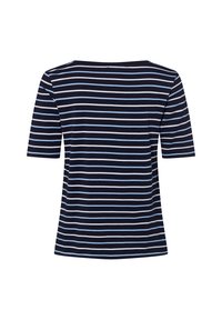 Navy blue and light blue striped t-shirt with short sleeves and a wide neckline, made from soft, flexible fabric.