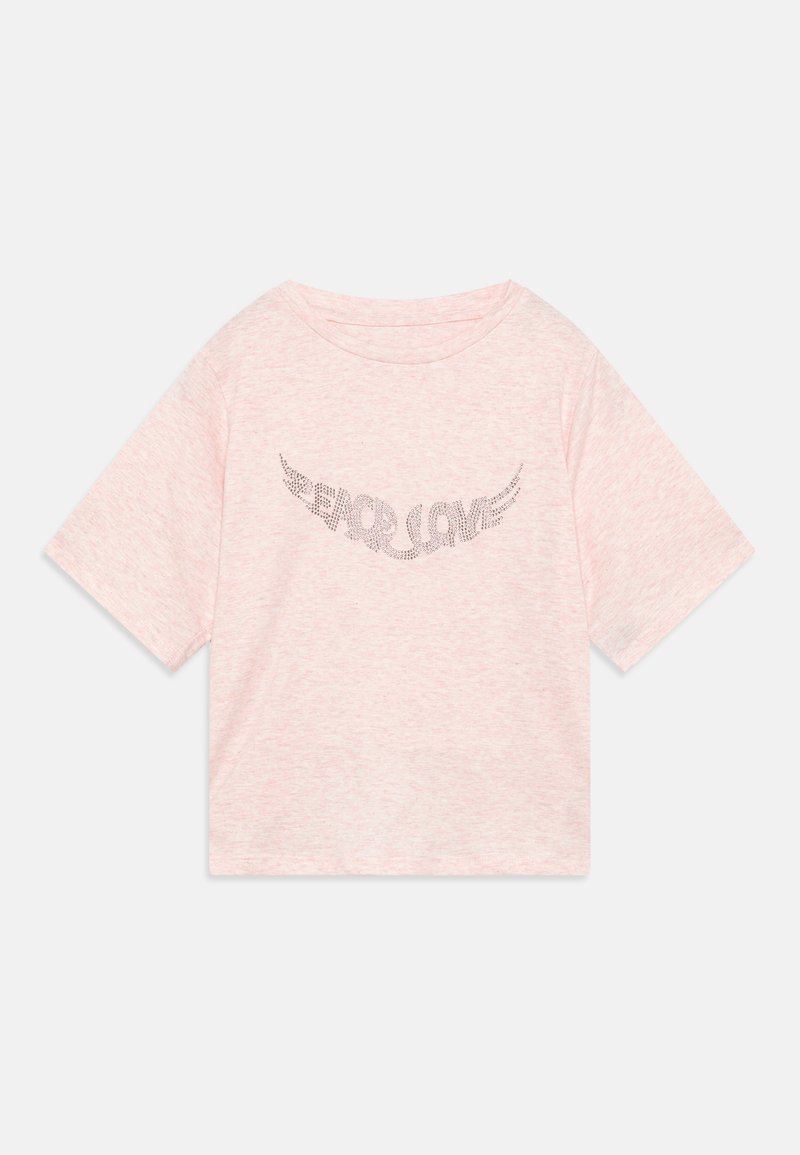Zachtroze t-shirt met korte mouwen en een relaxte pasvorm, met een met rhinestenen versierde 'PEACE LOVE' graphic en vleugelmotieven. Zachte textuur.