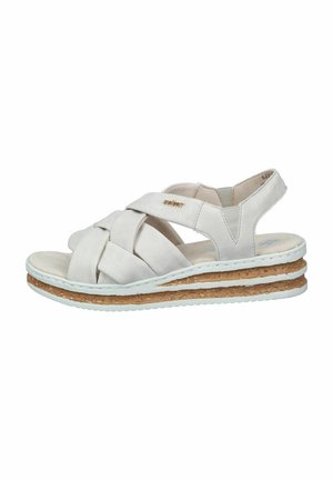 Light gray sandal featuring a woven upper design, cork midsole, and a rubber outsole. The heel has a slight elevation for added comfort.