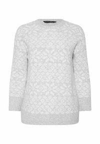 Jasnoszary sweter z geometrycznym wzorem, okrągłym dekoltem oraz ściągaczami przy rękawach i u dołu. Wykonany z miękkiego, teksturowanego materiału.