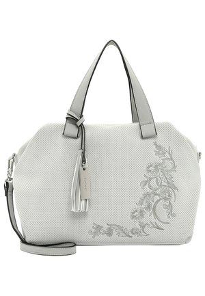 Jasnoszara perforowana torba z podwójnymi uchwytami, regulowanym paskiem, kwiatową haftowaną dekoracją i frędzlem jako dodatkiem.