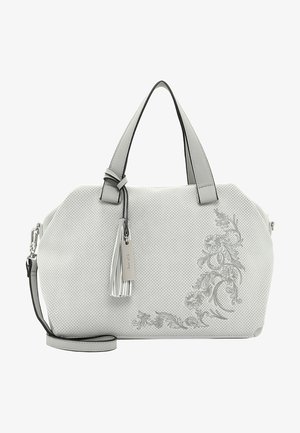 Jasnoszara perforowana torba z podwójnymi uchwytami, regulowanym paskiem, kwiatową haftowaną dekoracją i frędzlem jako dodatkiem.