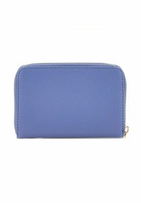 Portafoglio blu con texture, realizzato in materiale sintetico, dotato di chiusura zip e forma rettangolare slim. Nessun hardware o motivo visibile.