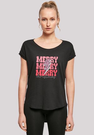 Schwarzes T-Shirt mit kurzen Ärmeln, das pinkfarbene Grafiken mit dem Aufdruck "MERRY" in fetten Buchstaben und einem Blitzdesign zeigt, aus weichem Stoff gefertigt.