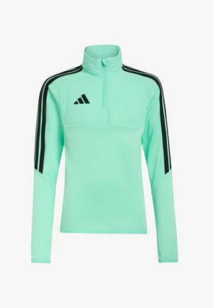 Svijetlozeleni sportski top dugih rukava s crnim detaljem s tri pruge na rukavima, visokim ovratnikom, četvrtastim patentnim zatvaračem i crnim Adidas logotipom na prsi.