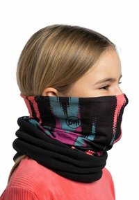 Gaiter multicolor con base negra y vibrantes patrones en rosa y verde azulado. Fabricado en material suave, tiene un ajuste ceñido.