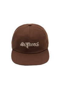 Brun baseballkeps med justerbar skärm. Har broderad text "OUTLANES" i krämfärg på framsidan, tillverkad av ett mjukt bomullstyg.