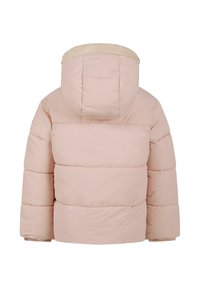 Pufasta jakna u mekoj ružičastoj boji, s krznenim obodom kapuljače, prošivenim uzorkom i elastičnim manžetama. Pvidak otkriva jednostavan, zaobljen dizajn.