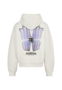 Hoodie blanc avec un grand graphisme d'un papillon violet dans le dos, accompagné d'un texte imprimé détaillant "MÉTAMORPHOSE" en police noire.