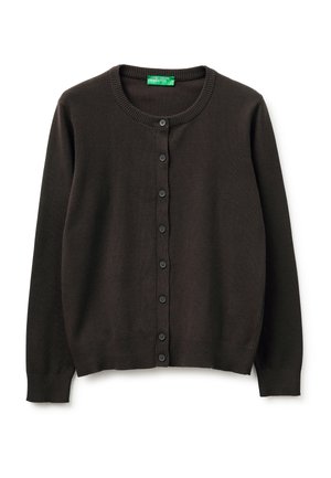 Dunkelbrauner Langarmstrickcardigan mit Knopfleiste, gerippten Bündchen und Saum, rundem Ausschnitt und grünem United Colors of Benetton Etikett im Innnenkragen.