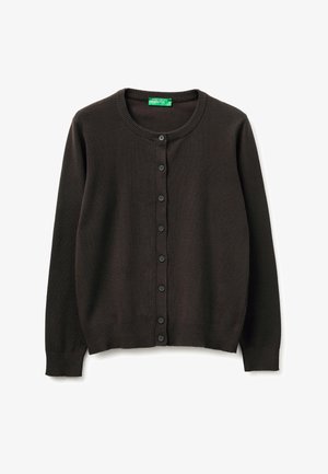 Ciemnobrązowy, długi sweter na guziki z długimi rękawami, ściągaczami przy mankietach i dole oraz okrągłym dekoltem, z zieloną metką United Colors of Benetton wewnątrz kołnierza.