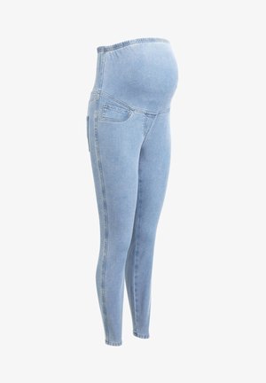 Jean de maternité bleu clair avec taille élastique et un panneau extensible conçu pour s'adapter à un ventre de femme enceinte.