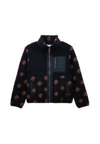 Marineblauwe fleecejas met een gestructureerde buitenkant, voorzien van een korte ritssluiting, hoge kraag en patroonaccenten in bruin. Inclusief een borstzak.