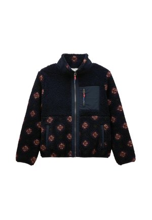 Marineblaue Fleece-Jacke mit strukturierter Oberfläche, ausgestattet mit einem Viertel-Reißverschluss, hohem Kragen und gemusterten Akzenten in Braun. Mit einer Brusttasche.