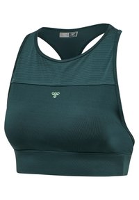 Mørkegrøn racerback sports-bh med tekstureret øverste panel og lille lysegrøn bi-logo centreret på brystet.