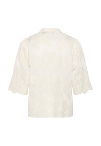 Blusa a maniche corte color crema con motivo in pizzo floreale e orlo scallop, dotata di colletto e vestibilità morbida e rilassata.