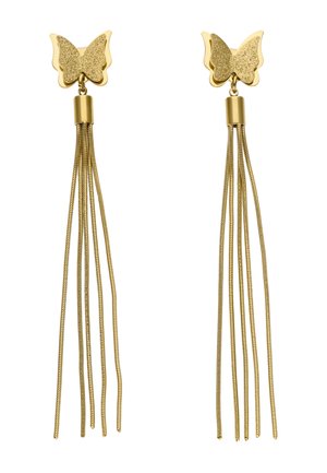 Złote kolczyki w kształcie motyli z wieloma cienkimi łańcuszkami zwisającymi z każdego motyla.