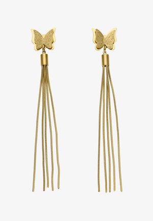 Goldene Ohrstecker in Schmetterlingsform mit mehreren dünnen Kettenquasten, die von jedem Schmetterling hängen.