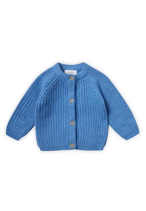 Cardigan azul de punto para bebé con mangas largas, textura acanalada y cuatro botones de madera en la parte delantera sobre fondo blanco.