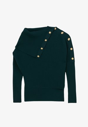 Roheline soonikkoes kampsun asümmeetrilise disainiga, millel on langev krae ja kuldsed nupud õla ääres lisadetailide jaoks.