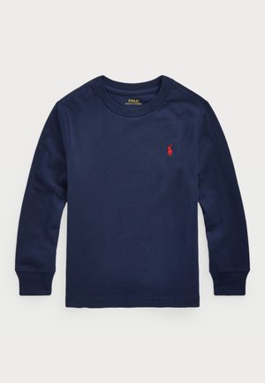 Navyblauwe langemouwen T-shirt van katoen, met een ronde hals en een klein rood geborduurd logo op de linker borst.