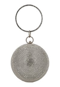 Bolso circular plateado metálico con una superficie texturizada en espiral, unido a un asa redonda adornada con pequeñas cristales.