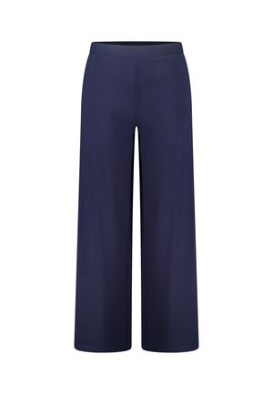 Pantalons larges bleu marine avec une texture lisse et un motif côtelé subtil, dotés d'une taille élastique pour le confort et la facilité de port.