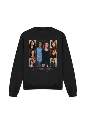 Black sweatshirt featuring a collage of nine portraits of two women and one man with "Gilmore girls" text in purple below the images.
