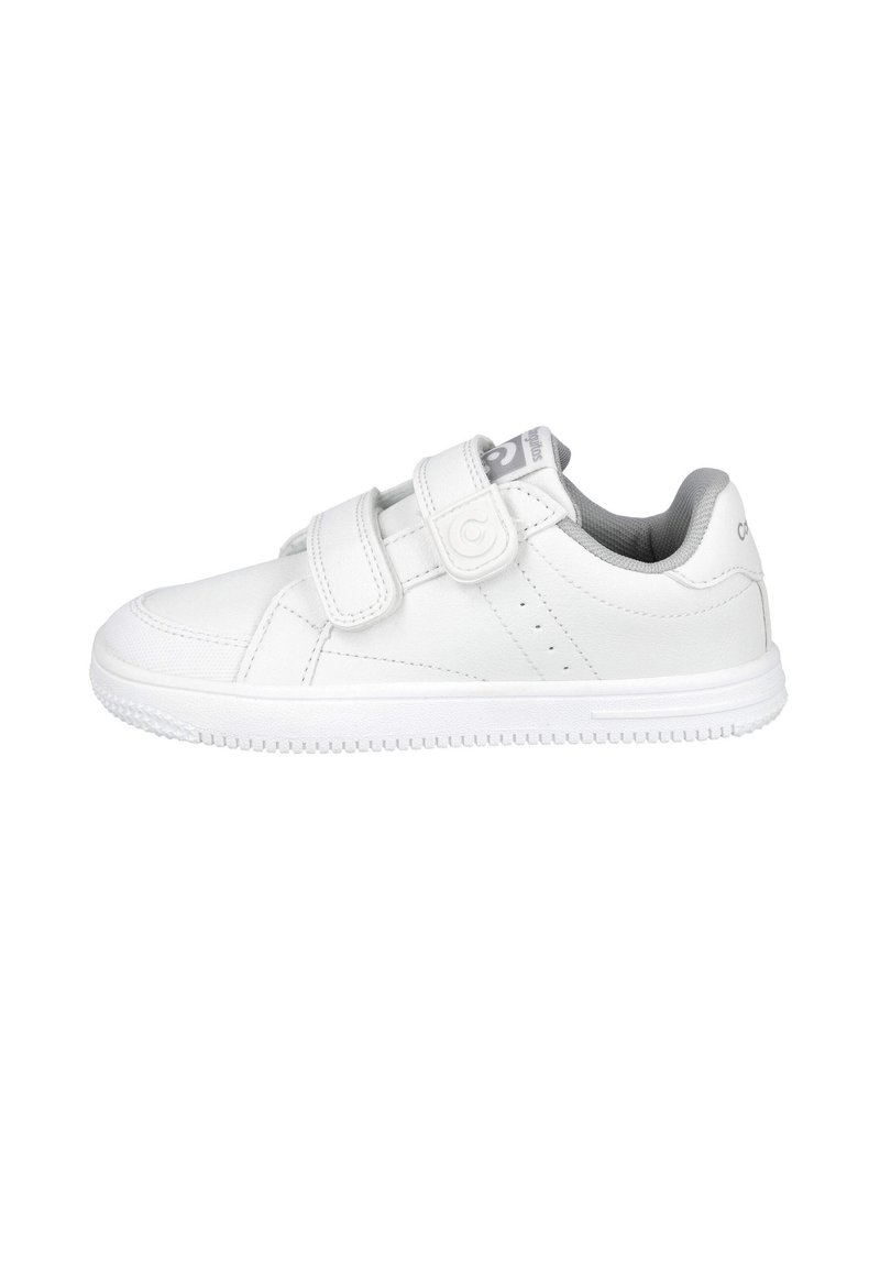 Zapatillas blancas con parte superior de cuero suave, doble tiras de Velcro, cuello acolchado y suela de goma con textura. Diseño minimalista con detalles de perforación.