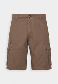 Shorts cargo marron en tissu résistant, avec deux poches latérales, une fermeture à bouton et une coupe droite.