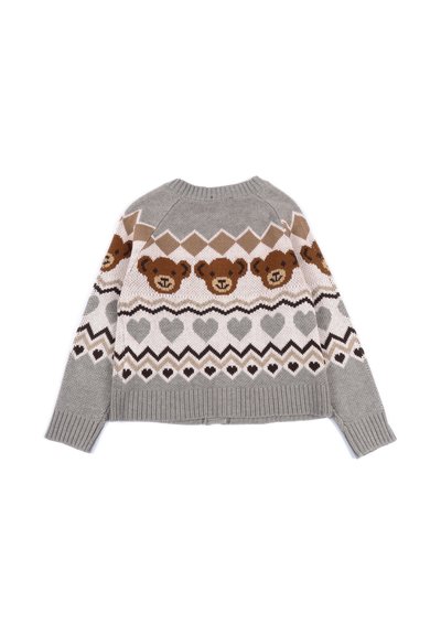 Maglione grigio a maglia con volti di orsetti bruni, diamanti beige e cuori grigi stampati sul petto e sulle maniche, polsini e orlo a coste.