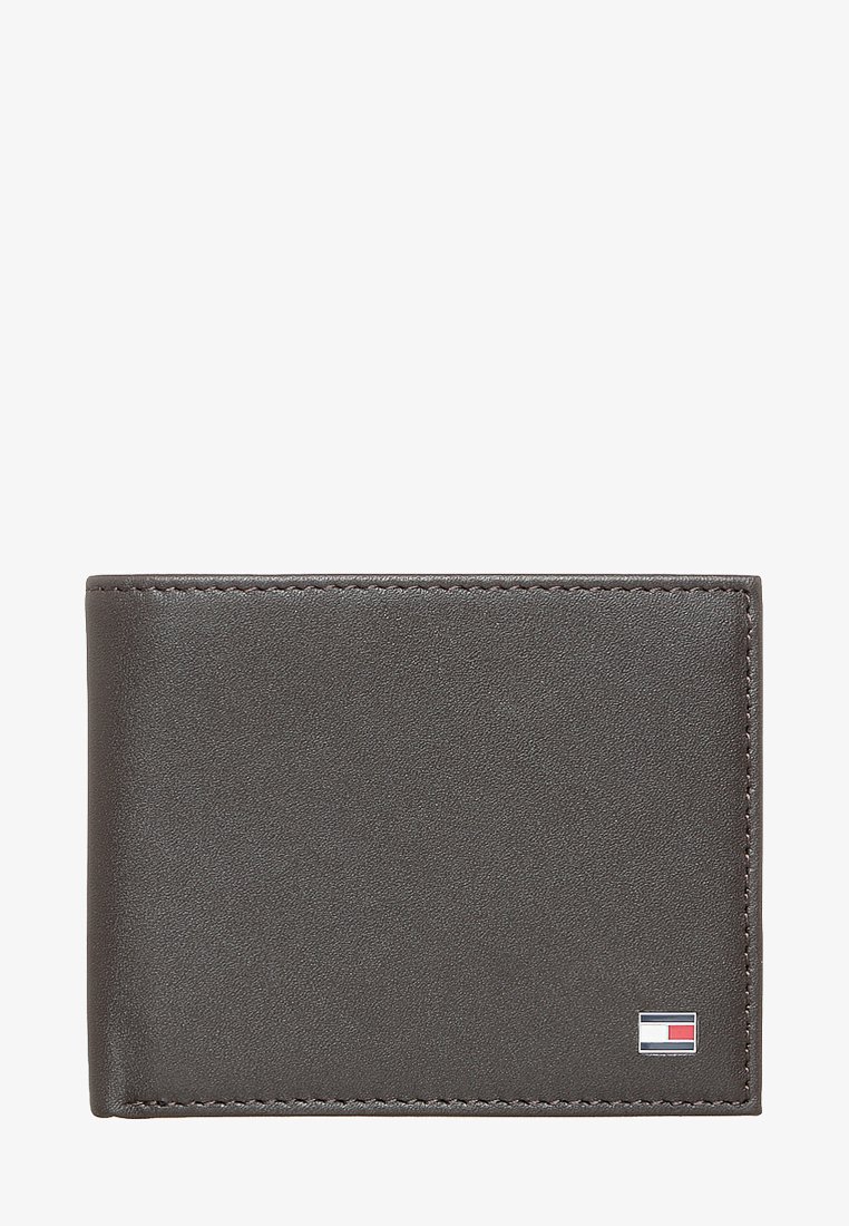 Portofel din piele gri închis, cu textură netedă, design bifold, colțuri rotunjite și un mic accent cu logo în colțul din dreapta jos.