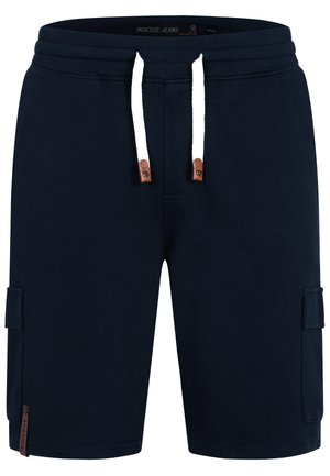 Donkerblauwe casual shorts met witte trekkoorden, elastische tailleband, zijwaartse cargozakken en merklabel nabij de zoom aan het linkerbeen.