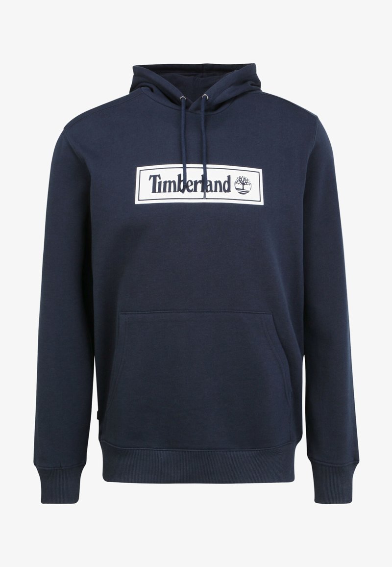 Navy blue hoodie made of cotton blend fabric featuring a kangaroo pocket, ribbed cuffs, and a white Timberland logo box on the front.