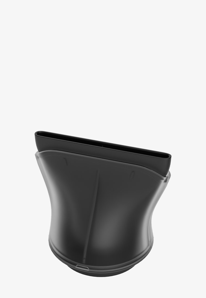 Buse d'aspirateur en plastique noir avec une ouverture large et plate et un corps cylindrique effilé sur fond blanc.