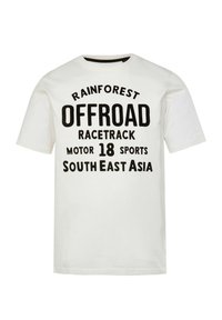 White cotton t-shirt featuring bold black text: “RAINFOREST OFFROAD RACETRACK MOTOR 18 SPORTS SOUTH EAST ASIA” with a crew neck design.