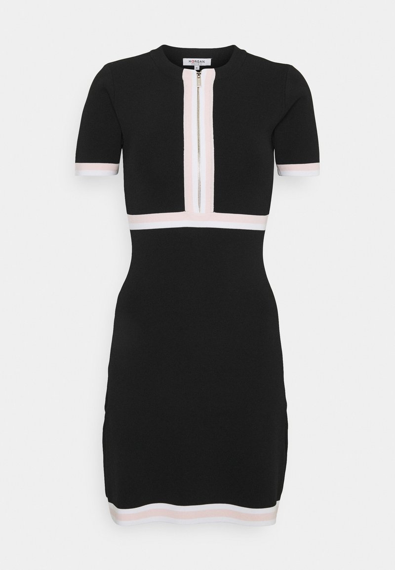 Robe noire à manches courtes avec fermeture éclair à l'avant, présentant des bordures blanches et rose pâle aux manches, poitrine, taille et ourlet.