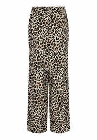 Leopard print, wide-leg trousers with an elastic waist. Fabric features a smooth texture with a light beige, black, and brown color palette.