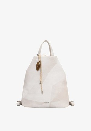 Krémově zbarvený texturovaný batoh s horním držadlem, nastavitelnými popruhy, uzlem z lana s jantarem a kovovým logem Tamaris na přední straně.