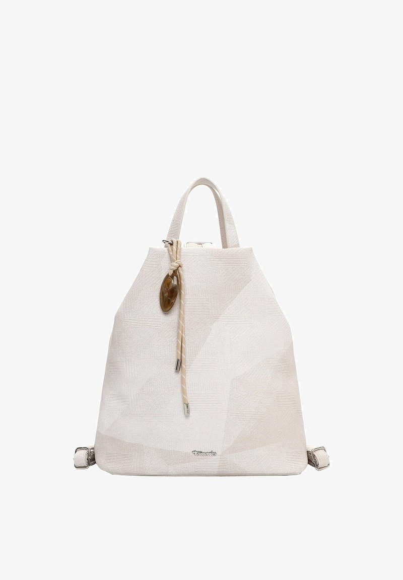 Cream-colored textured backpack with top handle, adjustable straps, a knotted rope with amber charm, and metal Tamaris logo on the front.