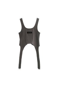 Top gris sin mangas con un amplio escote, que presenta un cuerpo ajustado, laterales abiertos y tirantes ajustables, confeccionado en una tela suave.