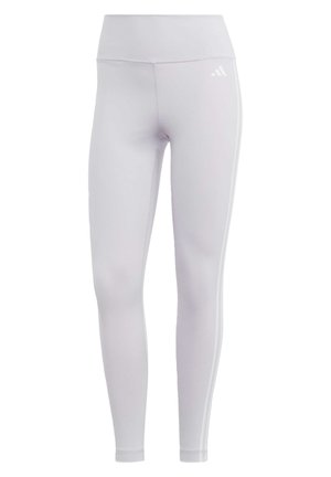 Leggings atletici grigio chiaro realizzati in tessuto elastico, con una vita alta e strisce bianche sui lati con un piccolo logo vicino all'anca.