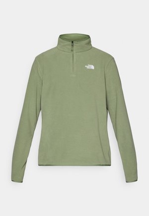 Olive green fleece sweatshirt with a zip collar, long sleeves, and a small white logo on the left chest. Soft texture and fitted design.