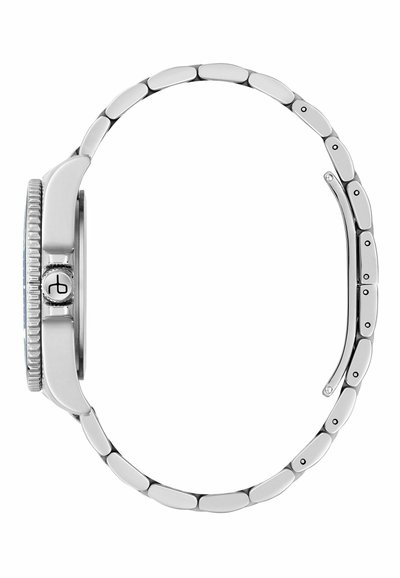 Hõbeda värvi metallist randmekaamera külgvaade, millel on lingitud käevõru ja sooneline raam.