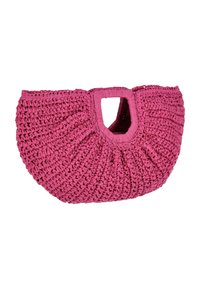 Borsa intrecciata rosa con apertura superiore e manico sagomato unico. Realizzata in materiale testurizzato simile all'uncinetto, con forma espandibile e design arricciato.