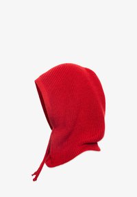 Piros kötött kapucni sima textúrával, szűkített dizájnnal és húzózsinórral. Bordás mintázata van a rugalmasság és a melegség érdekében.