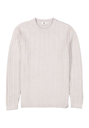 Suéter de punto gris claro con mangas largas, textura acanalada y cuello redondo. Presenta una pequeña etiqueta de la marca en el dobladillo lateral.