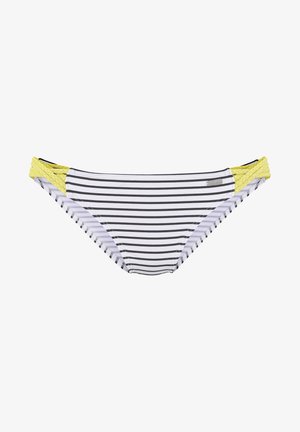 Gestreepte bikinionderkant met zwart-witte strepen en gele textuuraccenten aan de zijkanten. Gemaakt van rekbare zwemstof.